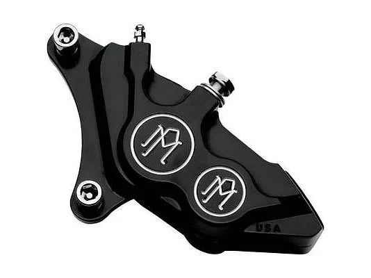 Left Hand Front 4 Piston Caliper – Black Contrast Cut. Fits Softail 2000-2014, Dyna 2000-2017, Touring 2000-2007 & Sportster 2000-2007 Models with 11.5″ Disc Rotor