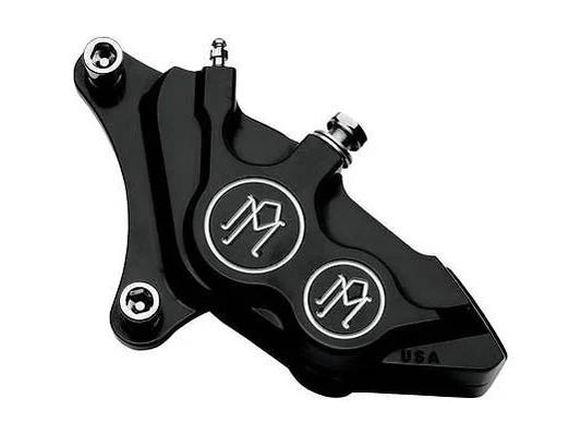 Left Hand Front 4 Piston Caliper – Black Contrast Cut. Fits Softail 2000-2014, Dyna 2000-2017, Touring 2000-2007 & Sportster 2000-2007 Models with 11.5″ Disc Rotor